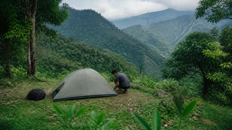 นักเดินป่ากำลังกางเต็นท์ Backpacking บนเส้นทางธรรมชาติ
