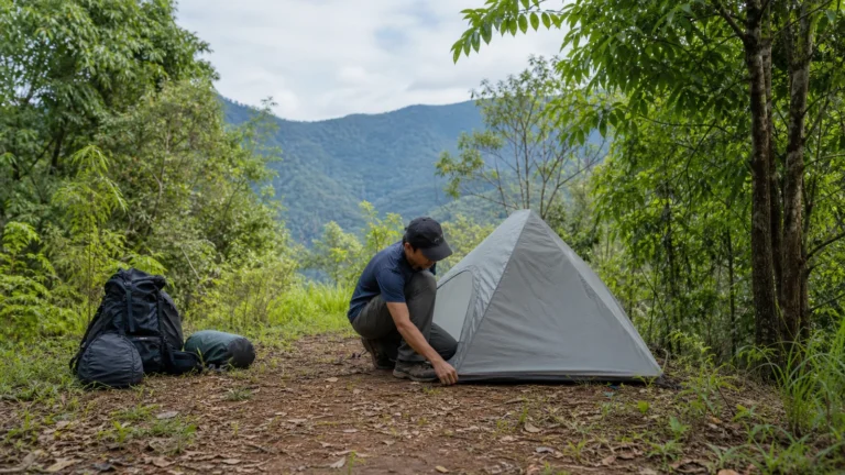 นักเดินป่าคนเดียวกำลังกางเต็นท์ขนาดกะทัดรัดสำหรับ Backpacking