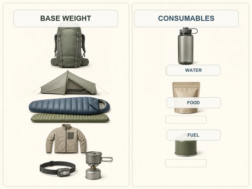 Base Weight สำหรับเดินป่าคืออะไร และต่างจากน้ำหนักอาหารน้ำและเชื้อเพลิงอย่างไร